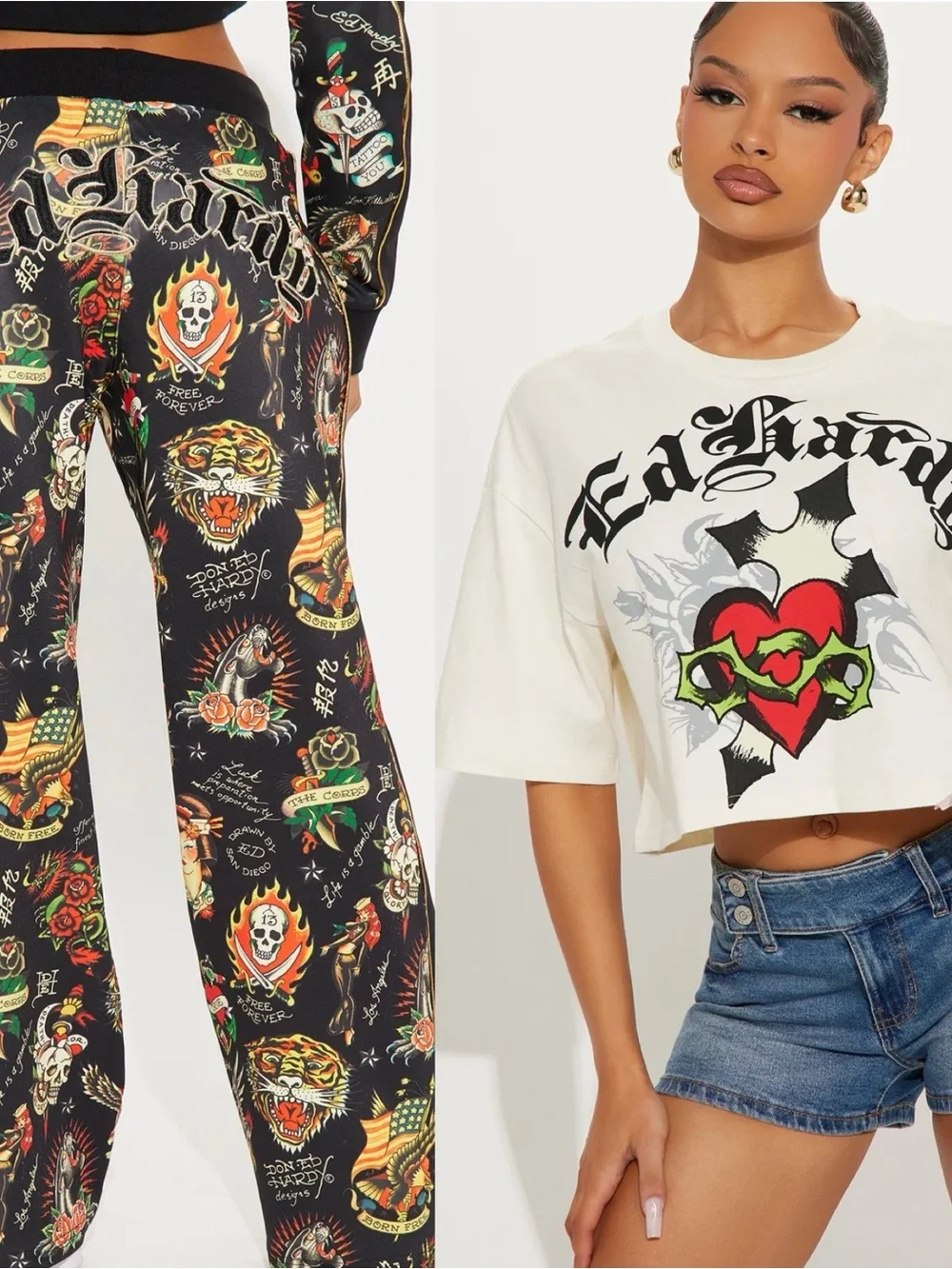 Ed Hardy Black Tattoo-Print Joggers with White Cropped Logo Tee - Picture 1 of 10